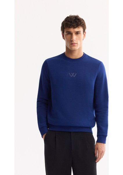 Erkek Saks Bisiklet Yaka Pamuklu Şardonlu Baskılı Regular Fit Sweatshirt B001033