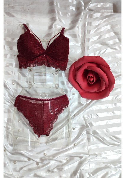 Fantazi Dantel Çapraz Model Bordo Sütyen Kilot Takım