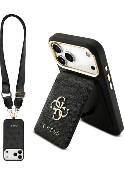 iPhone 17 Pro Max Uyumlu Kılıf Guess Lisanslı M-Safeli Askılı ve 4g Logo Kartlıklı Kapak Siyah