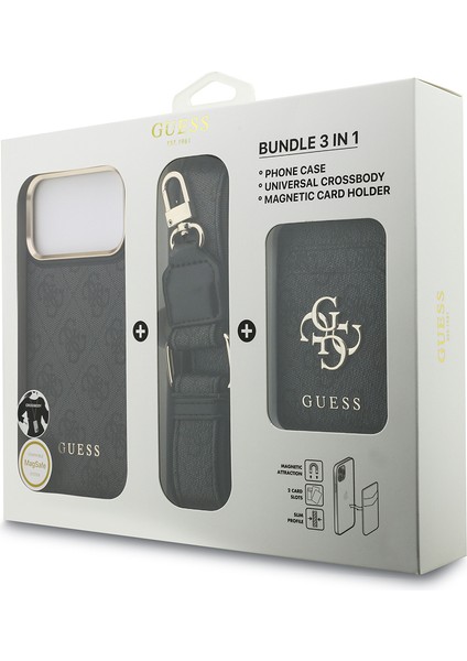iPhone 17 Pro Max Uyumlu Kılıf Guess Lisanslı M-Safeli Askılı ve 4g Logo Kartlıklı Kapak Siyah