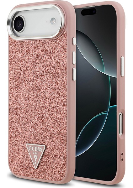 iPhone 17 Air Uyumlu Kılıf Guess Lisanslı M-Safeli Metal Kamera Çerçeveli Üçgen Logolu Glitter Pembe