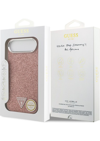 iPhone 17 Air Uyumlu Kılıf Guess Lisanslı M-Safeli Metal Kamera Çerçeveli Üçgen Logolu Glitter Pembe