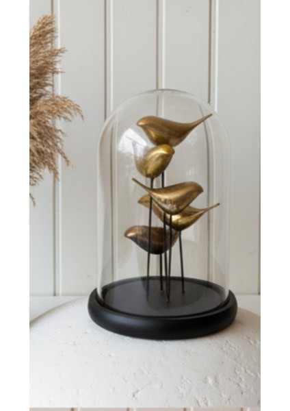 Kuş Ailesi Cam Fanus Heykel