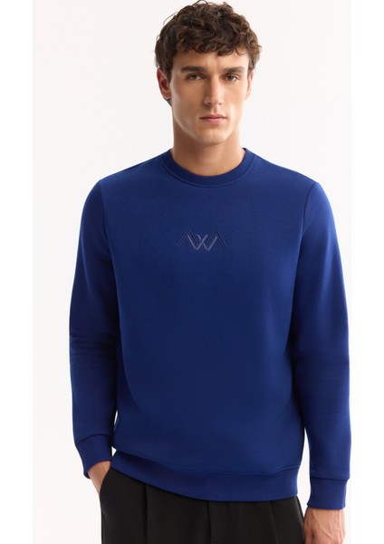 Erkek Saks Bisiklet Yaka Pamuklu Şardonlu Baskılı Regular Fit Sweatshirt B001033