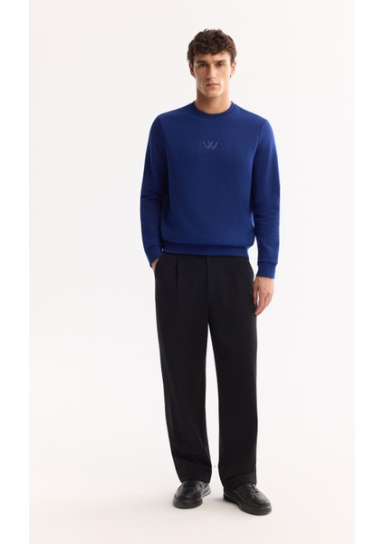 Erkek Saks Bisiklet Yaka Pamuklu Şardonlu Baskılı Regular Fit Sweatshirt B001033