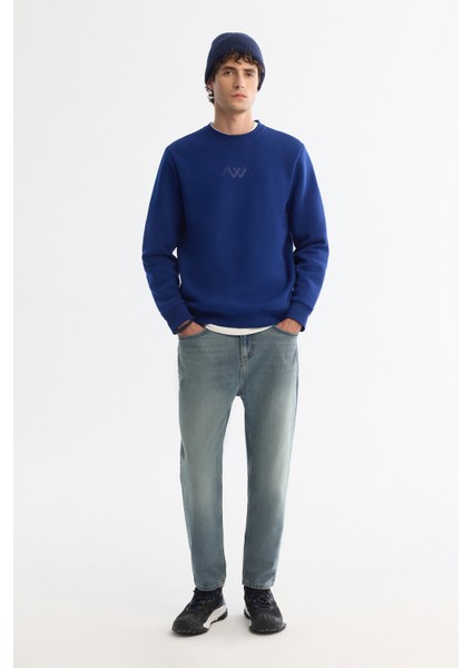 Erkek Saks Bisiklet Yaka Pamuklu Şardonlu Baskılı Regular Fit Sweatshirt B001033