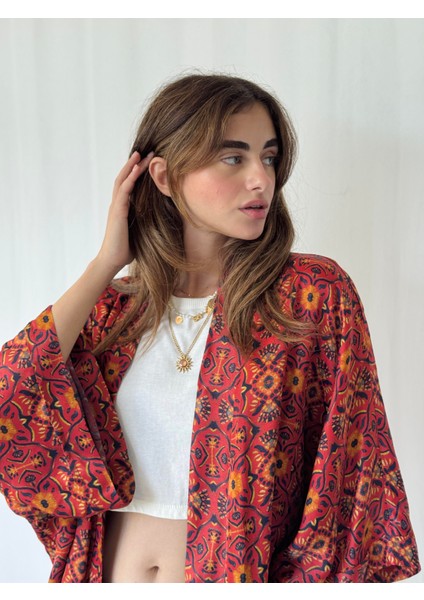 Yeni Tasarım Boho Desen Mini Kimono Kadın Koyu Kiremit