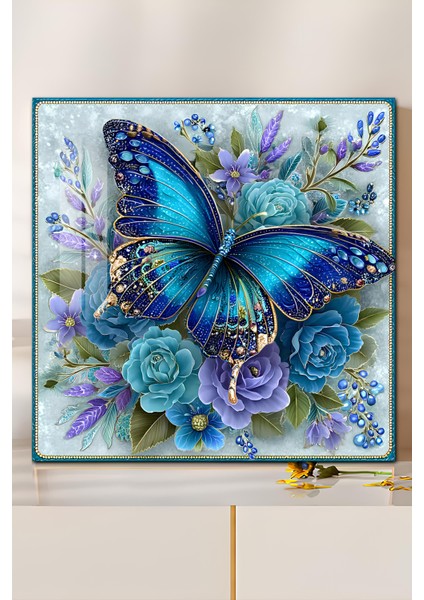 3D Görünümlü Temperli Cam Tablo – Mavi Kelebek ve Çiçekler Temalı Uv Baskı 33X33 CM-CTK088