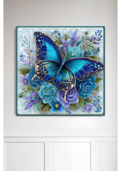 3D Görünümlü Temperli Cam Tablo – Mavi Kelebek ve Çiçekler Temalı Uv Baskı 33X33 CM-CTK088 fiyatları