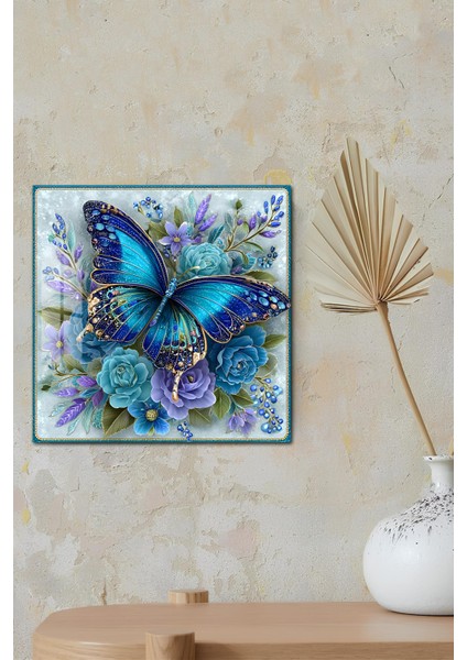 3D Görünümlü Temperli Cam Tablo – Mavi Kelebek ve Çiçekler Temalı Uv Baskı 33X33 CM-CTK088 modelleri