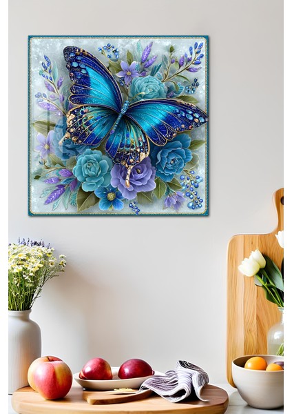 3D Görünümlü Temperli Cam Tablo – Mavi Kelebek ve Çiçekler Temalı Uv Baskı 33X33 CM-CTK088 fırsatları