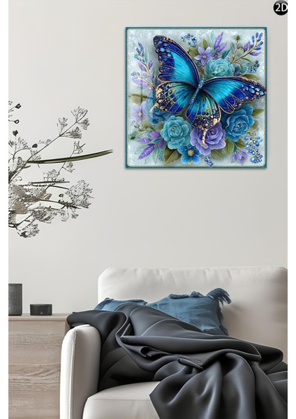 3D Görünümlü Temperli Cam Tablo – Mavi Kelebek ve Çiçekler Temalı Uv Baskı 33X33 CM-CTK088 indirimleri