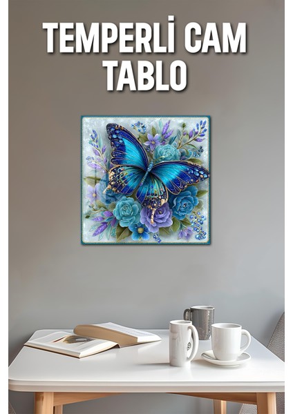 3D Görünümlü Temperli Cam Tablo – Mavi Kelebek ve Çiçekler Temalı Uv Baskı 33X33 CM-CTK088