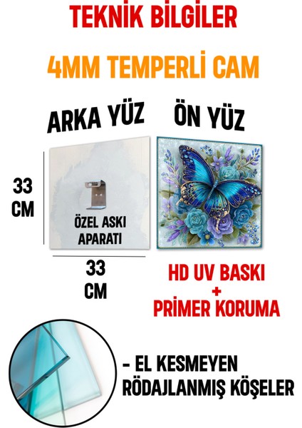 3D Görünümlü Temperli Cam Tablo – Mavi Kelebek ve Çiçekler Temalı Uv Baskı 33X33 CM-CTK088