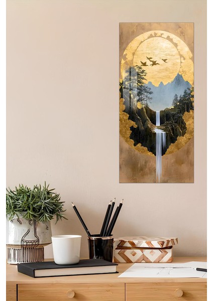 Altın Güneş ve Şelale Manzaralı Temperli Cam Dik Tablo 30X60 cm Ebadında Uv Baskı - DCT041