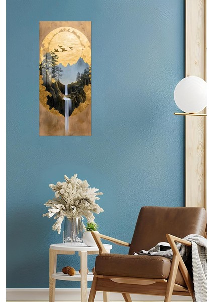 Altın Güneş ve Şelale Manzaralı Temperli Cam Dik Tablo 30X60 cm Ebadında Uv Baskı - DCT041 fiyatları