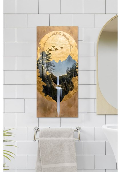 Altın Güneş ve Şelale Manzaralı Temperli Cam Dik Tablo 30X60 cm Ebadında Uv Baskı - DCT041 modelleri