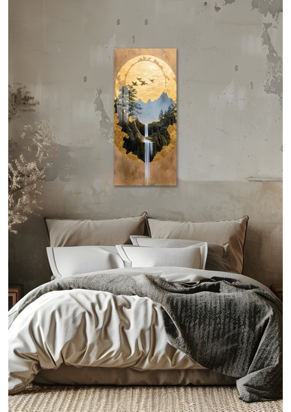 Altın Güneş ve Şelale Manzaralı Temperli Cam Dik Tablo 30X60 cm Ebadında Uv Baskı - DCT041 indirimleri