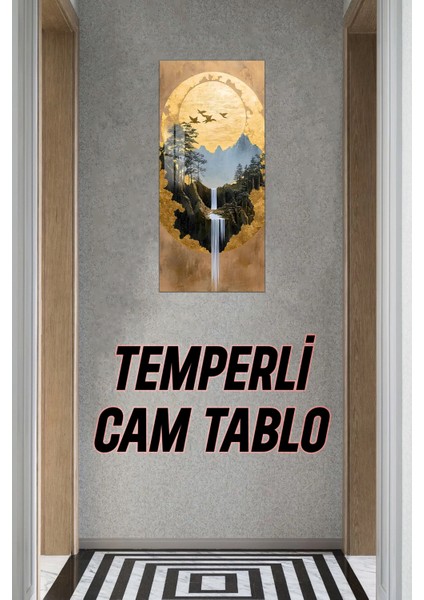 Altın Güneş ve Şelale Manzaralı Temperli Cam Dik Tablo 30X60 cm Ebadında Uv Baskı - DCT041