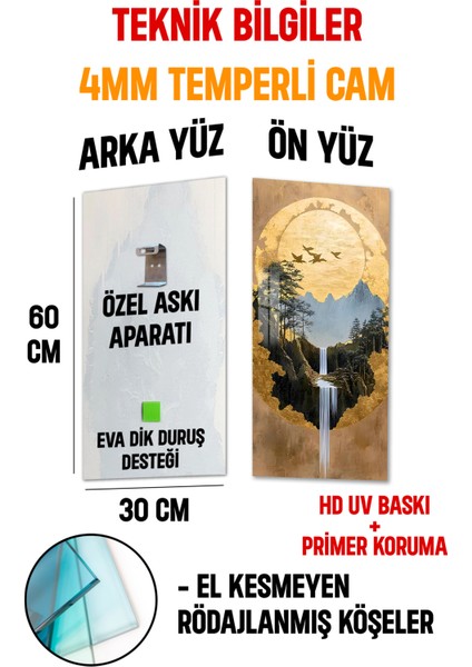 Altın Güneş ve Şelale Manzaralı Temperli Cam Dik Tablo 30X60 cm Ebadında Uv Baskı - DCT041