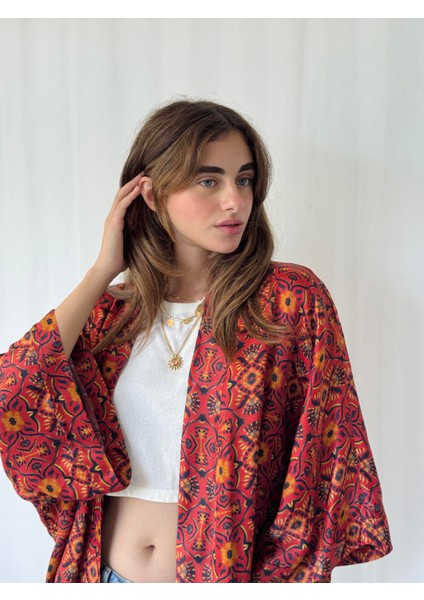 Yeni Tasarım Boho Desen Mini Kimono Kadın Koyu Kiremit modelleri
