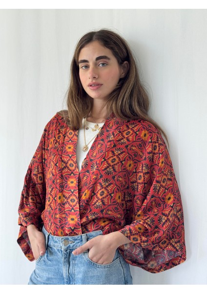 Yeni Tasarım Boho Desen Mini Kimono Kadın Koyu Kiremit fırsatları