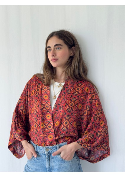 Yeni Tasarım Boho Desen Mini Kimono Kadın Koyu Kiremit indirimleri