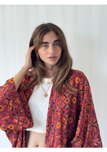 Yeni Tasarım Boho Desen Mini Kimono Kadın Koyu Kiremit