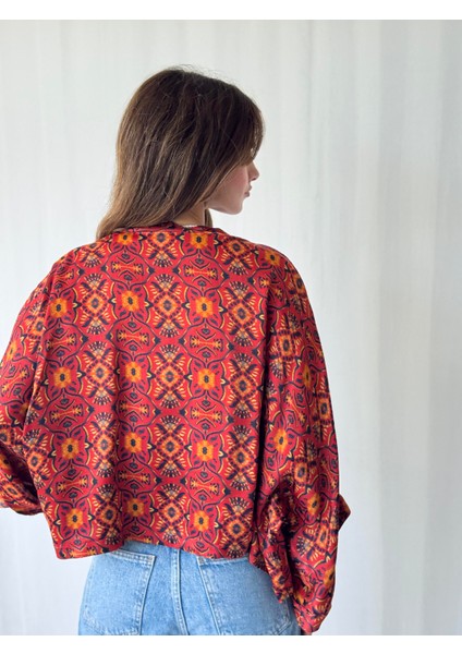 Yeni Tasarım Boho Desen Mini Kimono Kadın Koyu Kiremit
