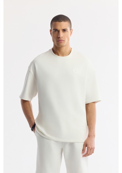 Erkek Ekru Bisiklet Yaka Baskılı Bi-Stretch 2 İplik Oversize Fit T-Shirt A51Y1082