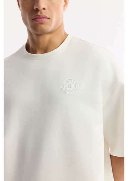 Erkek Ekru Bisiklet Yaka Baskılı Bi-Stretch 2 İplik Oversize Fit T-Shirt A51Y1082