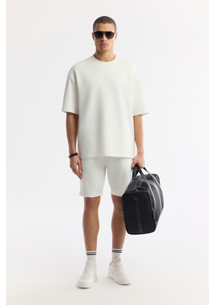 Erkek Ekru Bisiklet Yaka Baskılı Bi-Stretch 2 İplik Oversize Fit T-Shirt A51Y1082