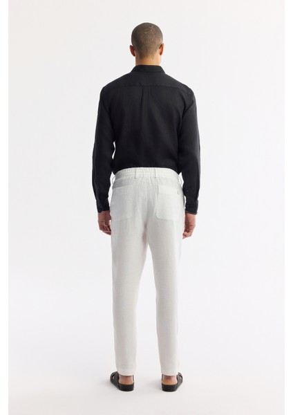 Erkek Beyaz Beli Lastikli %100 Keten Relaxed Fit Pantolon B003032