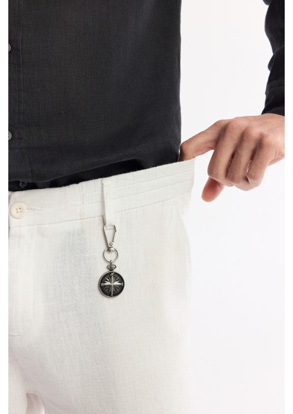 Erkek Beyaz Beli Lastikli %100 Keten Relaxed Fit Pantolon B003032