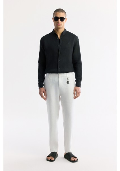 Erkek Beyaz Beli Lastikli %100 Keten Relaxed Fit Pantolon B003032