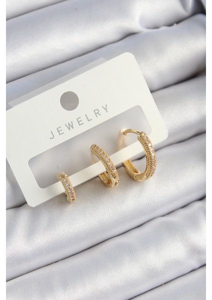 Pirinç Zirkon Taşlı Halka Model Gold Renk 3'lü Çift Kadın Küpe Set