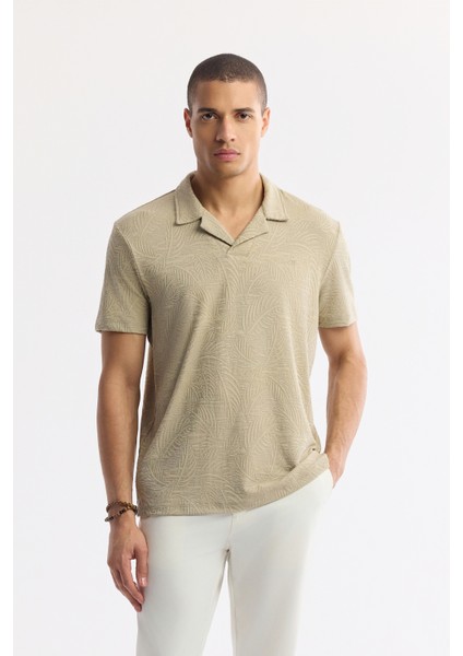 Erkek Vizon Apaj Yaka Jakarlı Elastan Regular Fit T-Shirt A51Y1069