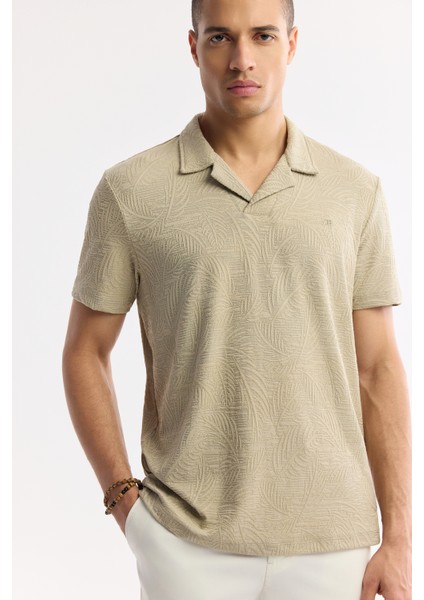 Erkek Vizon Apaj Yaka Jakarlı Elastan Regular Fit T-Shirt A51Y1069