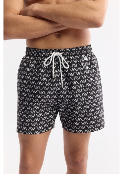 Erkek Siyah Hızlı Kuruyan Baskılı Çantalı Relaxed Fit Relaxed Fit Deniz Şortu A51Y3828