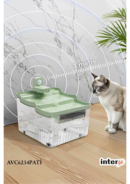 Otomatik Sensörlü Kedi Su Sebili LED Işıklı Sessiz Evcil Hayvan Filtreli Su Çeşmesi Yeşil Renk 4l