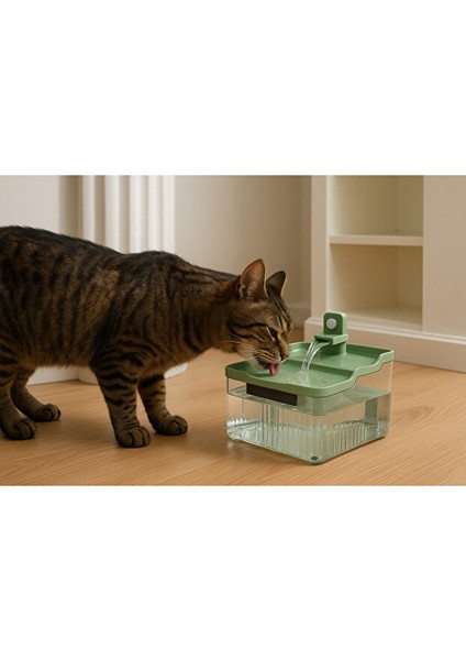 Otomatik Sensörlü Kedi Su Sebili LED Işıklı Sessiz Evcil Hayvan Filtreli Su Çeşmesi Yeşil Renk 4l modelleri