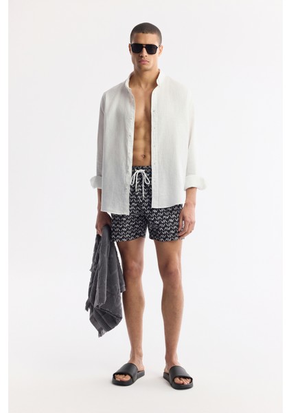 Erkek Siyah Hızlı Kuruyan Baskılı Çantalı Relaxed Fit Relaxed Fit Deniz Şortu A51Y3828