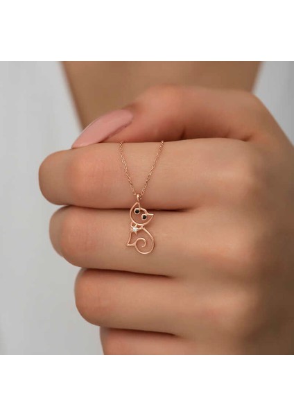 Gümüş Rose Kedi Kadın Kolye