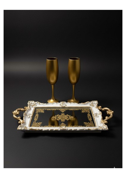 Şık Klasik Oymalı Aynalı Hediyelik Nişan Sunum Tepsisi