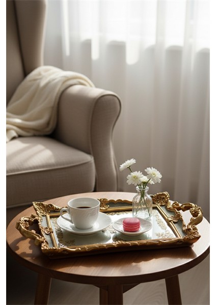 Şık Oymalı Aynalı Klasik Sunum Tepsi