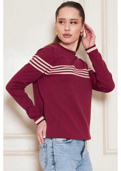 Kadın Bisiklet Yaka Yumuşak Dokulu Çizgili Triko Kazak 35111