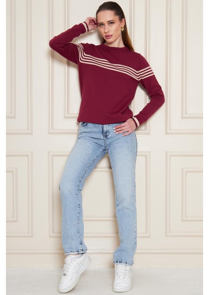 Kadın Bisiklet Yaka Yumuşak Dokulu Çizgili Triko Kazak 35111 modelleri