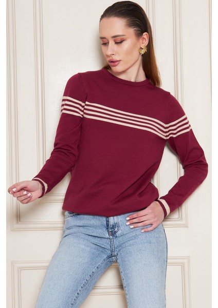 Kadın Bisiklet Yaka Yumuşak Dokulu Çizgili Triko Kazak 35111