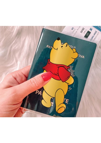 Tüm Ülke Pasaportları ile Uyumlu Şeffaf Pvc Baskılı Cepli Pasaport Kılıfı Kabı - Winnie