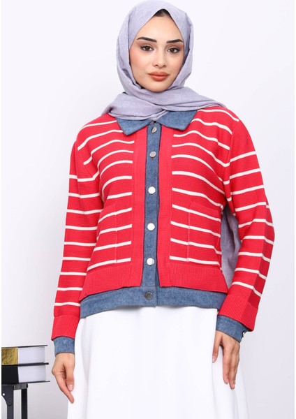 Fuşya Düğmeli Kot Detaylı Triko Hırka